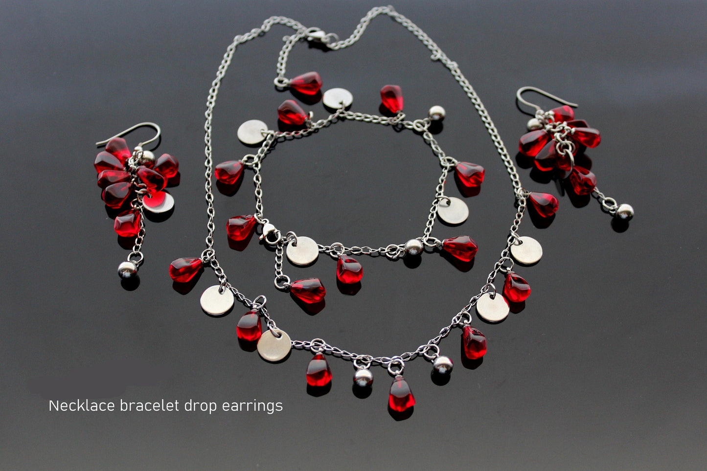 Glass handmade pomegranate seeds  stainless steel jewelry set