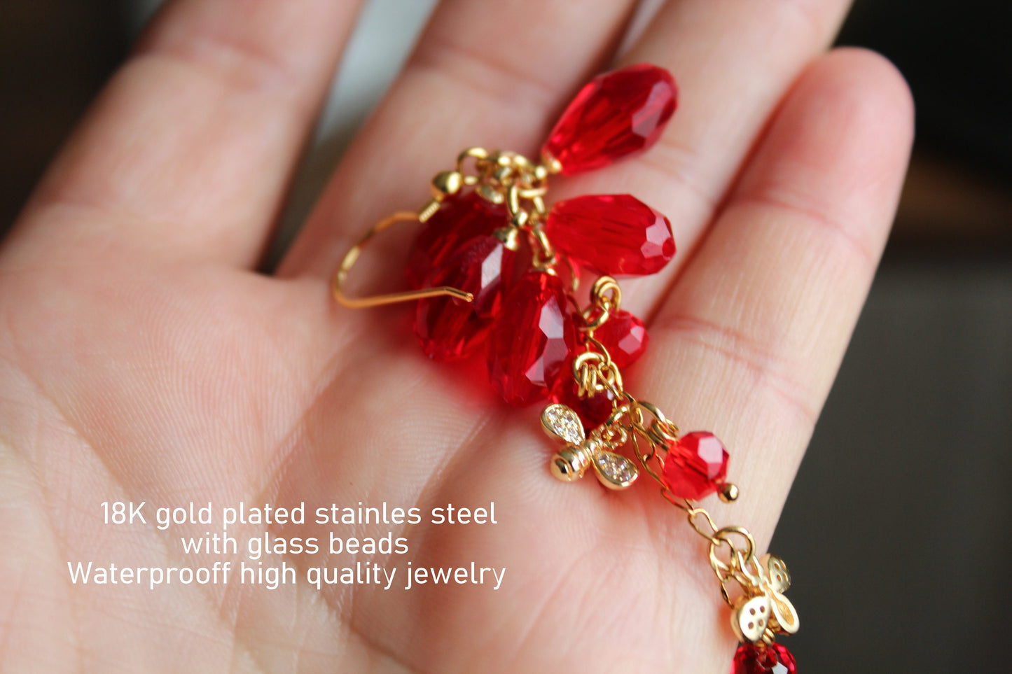 18K gold plated stainless steel, non tarnish  Pomegranate seeds and bee earrings