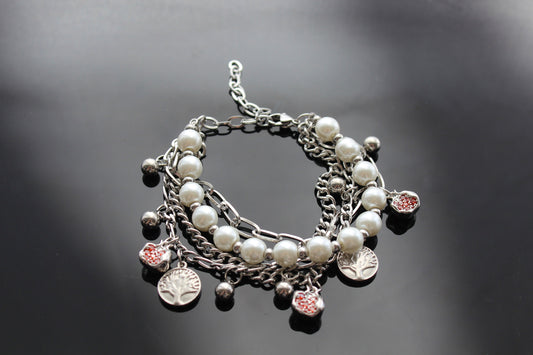 Adjustable Tree of life Silver plated stainless steel pomegranate bracelet with glass pearls