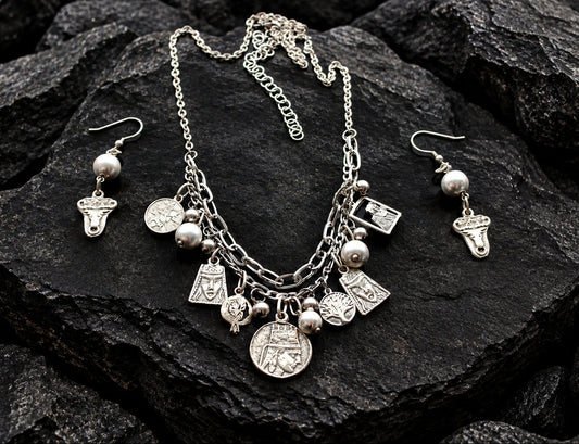 Armenian traditional  necklace with earrings  rhodium  plated stainless steel parts