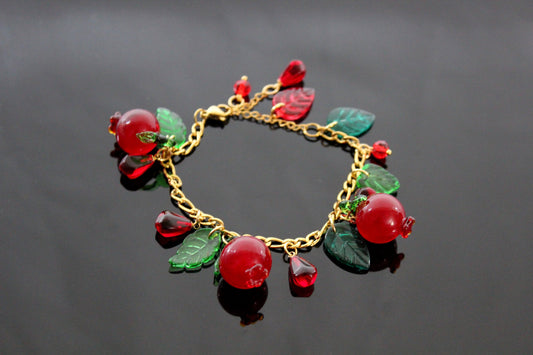 Glass charms, adjustable up to 9 in  gold  plated stainless steel pomegranate bracelet