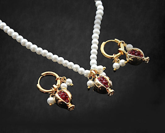 Gold plated pomegranate hoop earrings with red zircons ang glass pearl stand choker