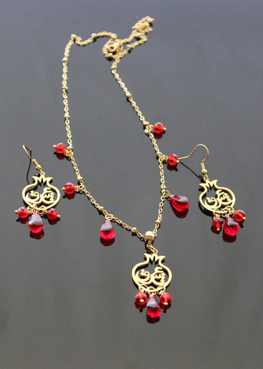 Farsi pomegranate glass seeds drop earrings and necklace  gold plated stainless  steel hypoallergenic jewelry