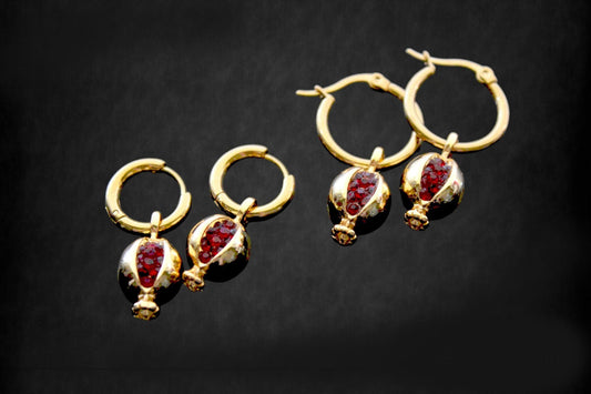 Gold plated pomegranate hoop earrings with red zircons