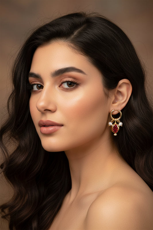 Gold plated pomegranate hoop earrings with red zircons ang glass pearl stand choker