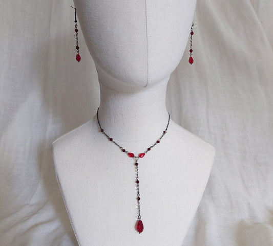 Handmade pomegranate jewelry set  with gun metal color chain