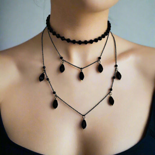 Handmade black  jewelry set  with gun metal color chain and black glass beads