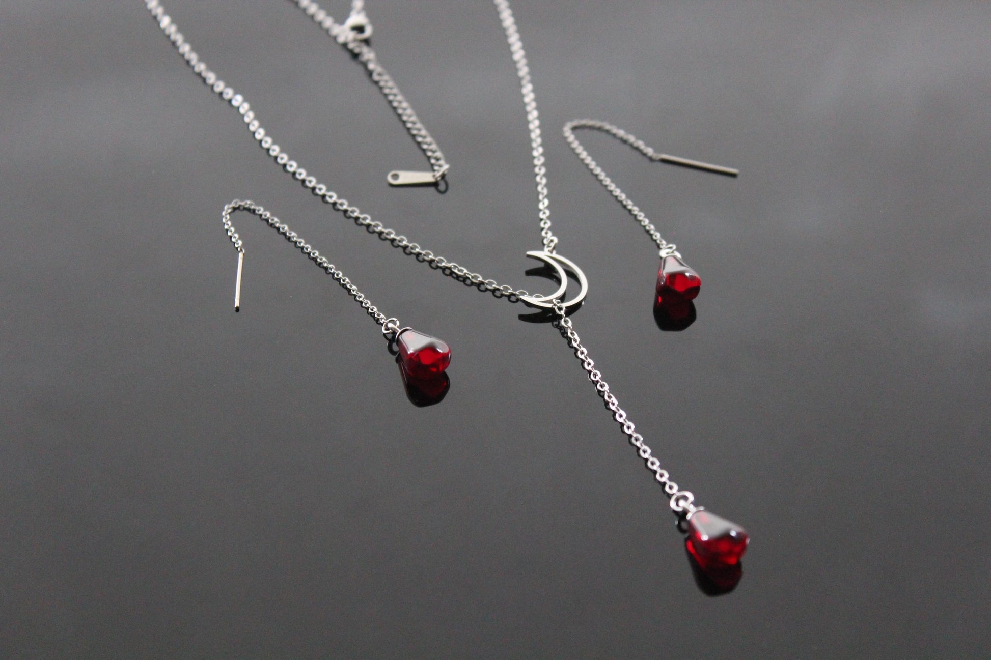 Y shape moon with pomegranate seed jewelry set gold plated stainless steel
