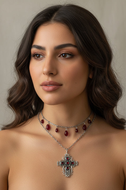 925 Sterling  silver cross with natural garnet stones with stainless steel chain  and Choker with glass beads,  earrings