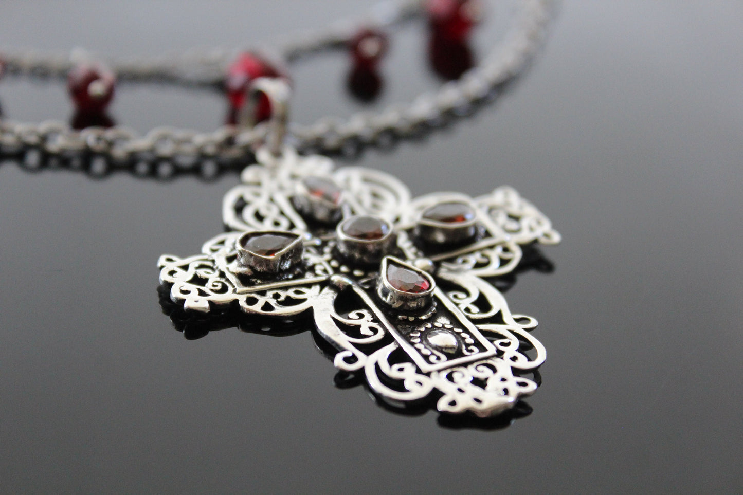 925 Sterling  silver cross with natural garnet stones with stainless steel chain  and Choker with glass beads,  earrings