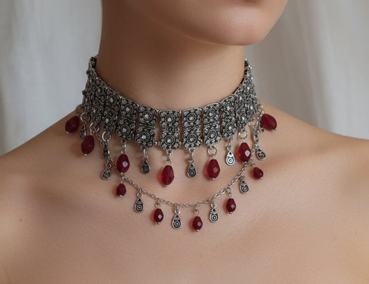 Antique silver Armenian traditional  necklace with earrings and glass beads