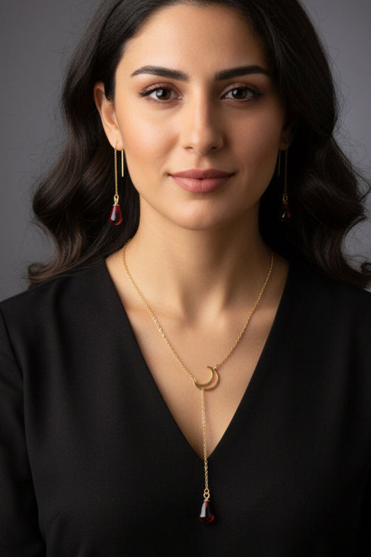 Y shape moon with pomegranate seed jewelry set gold plated stainless steel