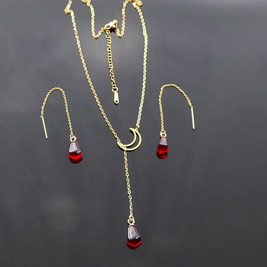 Y shape moon with pomegranate seed jewelry set gold plated stainless steel