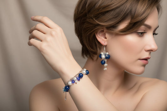 Silver Blueberry jewelry set with glass pearls