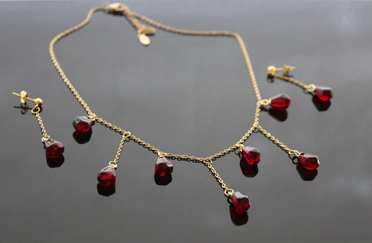 14K gold plated stainless steel Pomegranate resin seed Cascade shape necklace and long drop  earrings