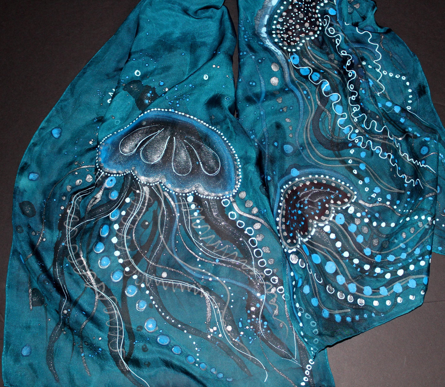 Hand dyed and hand painted jellyfish, marine ocean silk scarf