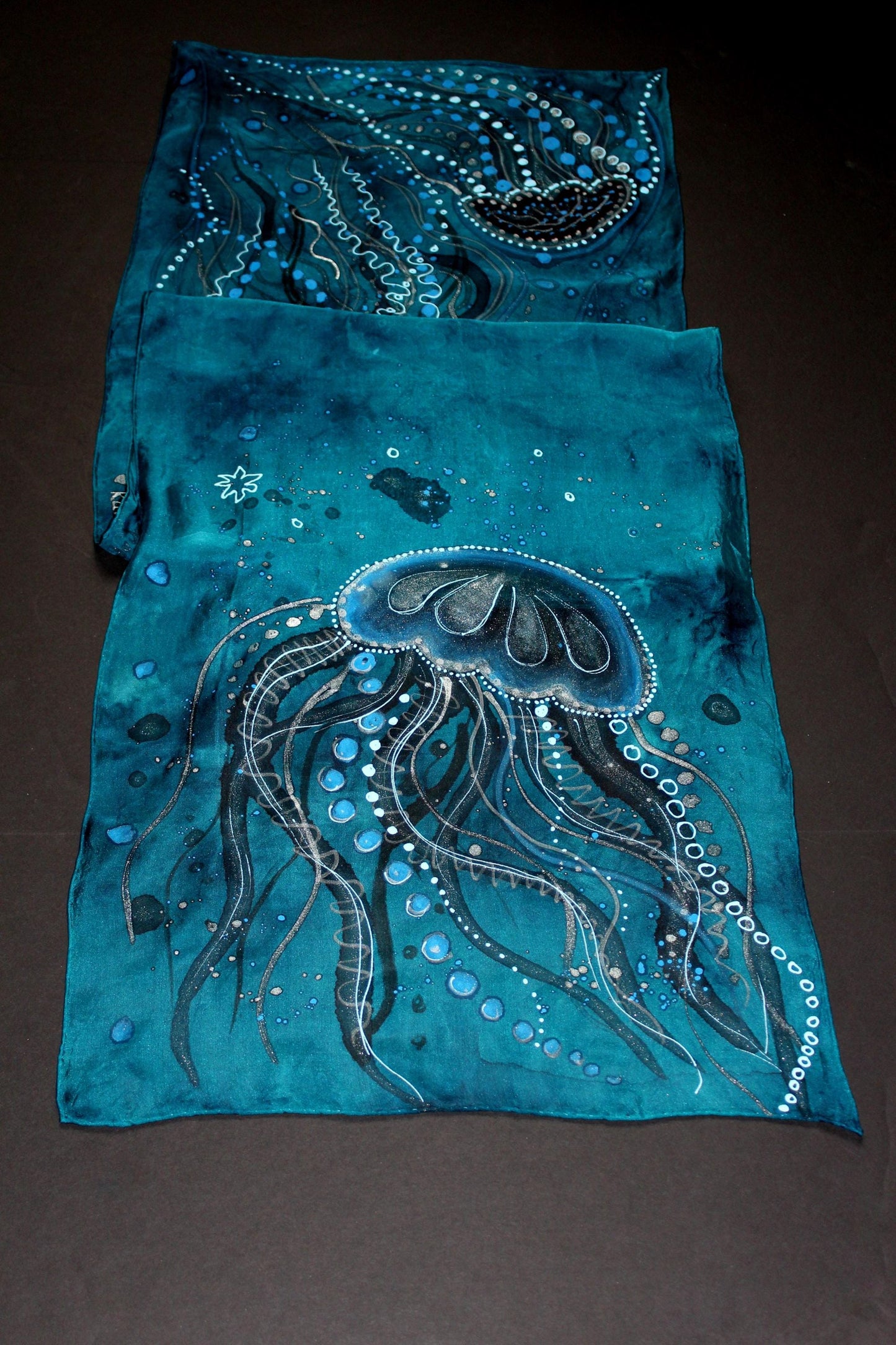 Hand dyed and hand painted jellyfish, marine ocean silk scarf