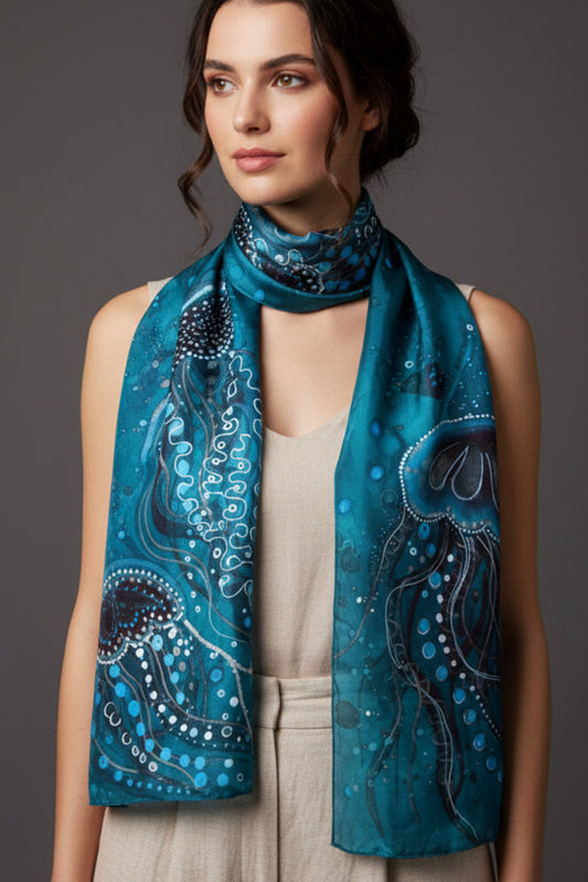 Hand dyed and hand painted jellyfish, marine ocean silk scarf