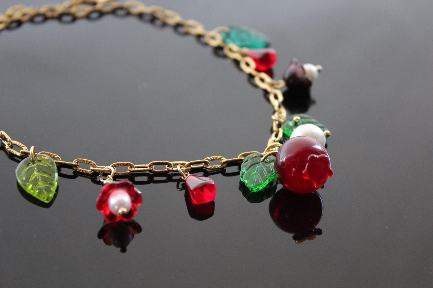 Handmade Pomegranate and floral glass beads and natural pearl with adjustable Gold plated stainless steel chain