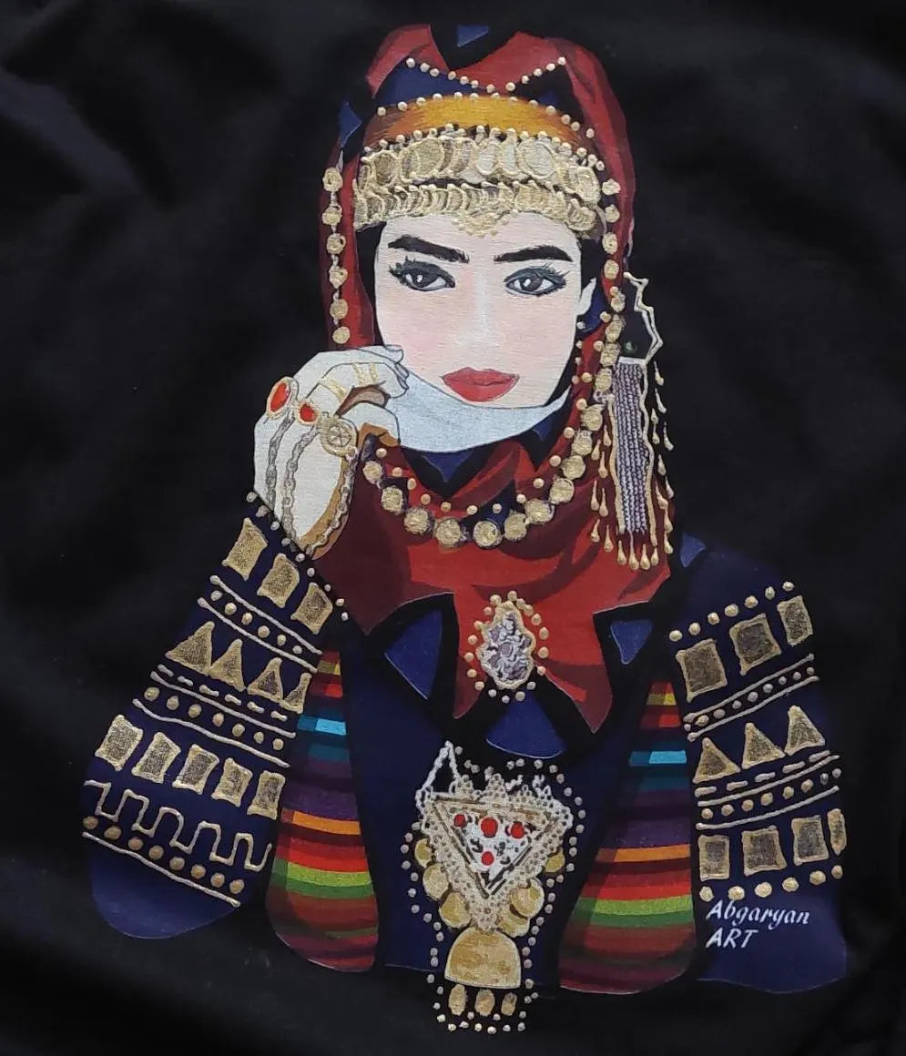 Hand painted Armenian Cotton T-shirt, Armenian Lady with traditional clothing, Armenian taraz