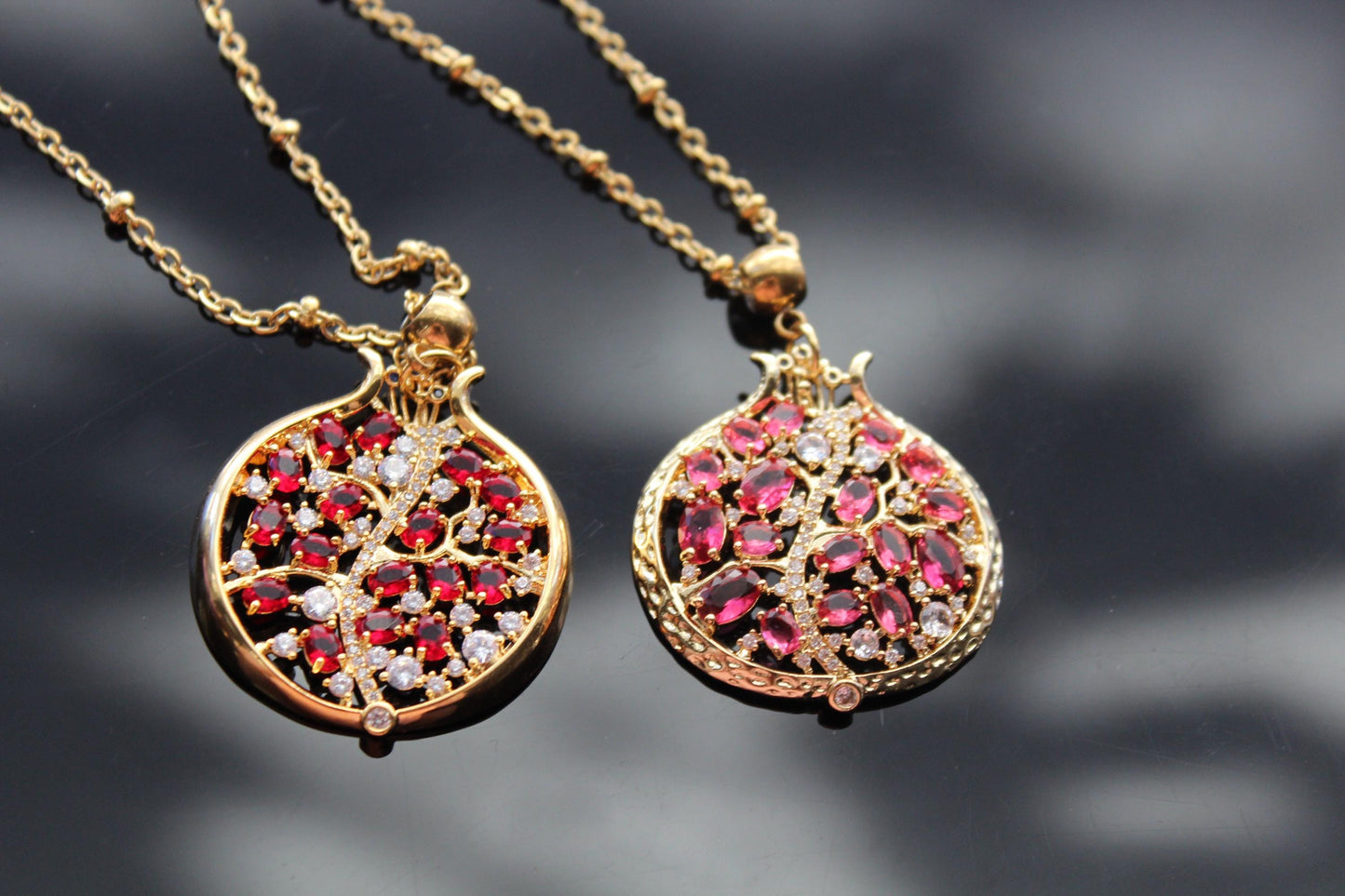 Pomegranate pendant with zircons and glass beads and stainless steel chain