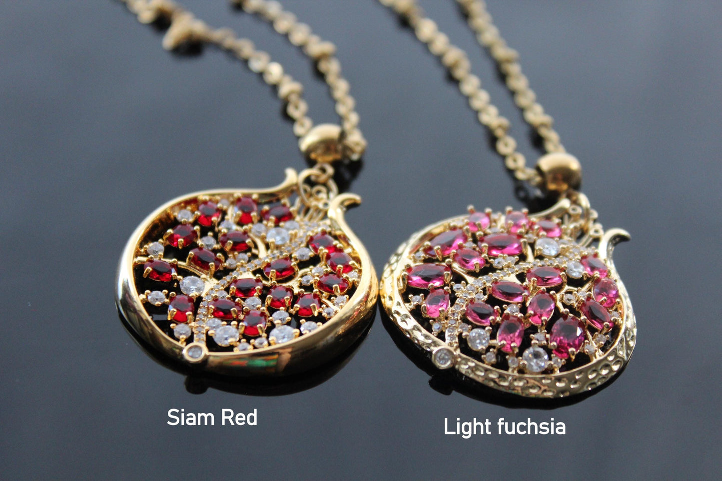Pomegranate pendant with zircons and glass beads and stainless steel chain
