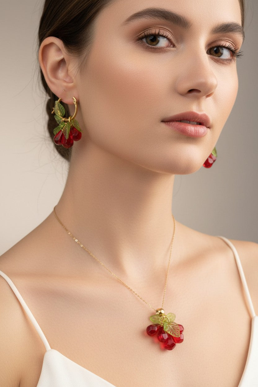Pomegranate seeds hoop earrings and necklace  gold plated stainless  steel hypoallergenic jewelry
