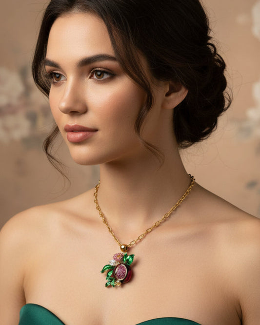 Pomegranate pendant, Gold plated pendant with crystals