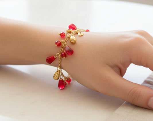 18K gold plated handmade stainless still pomegranate bracelet  with glass beads