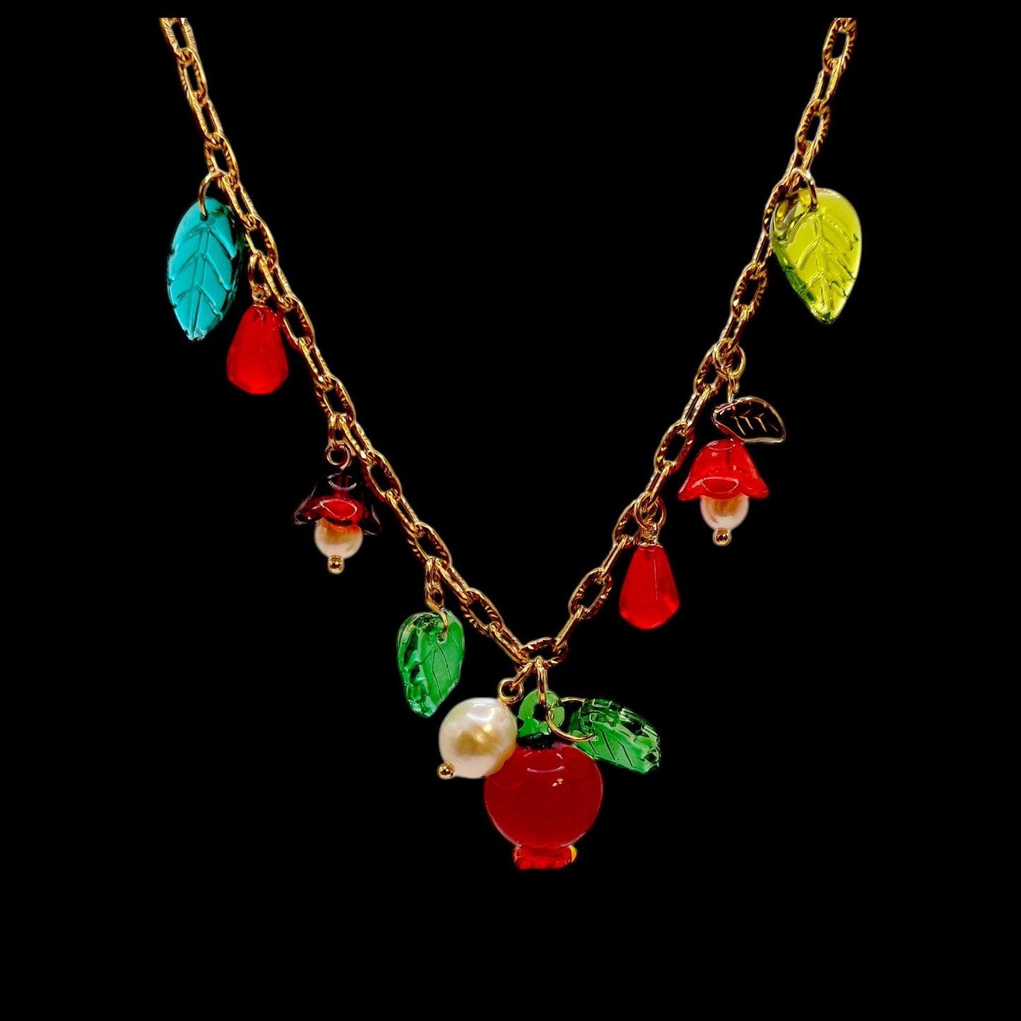 Handmade Pomegranate and floral glass beads and natural pearl with adjustable Gold plated stainless steel chain