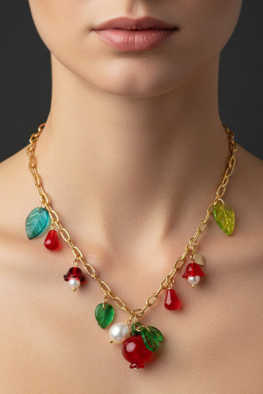 Handmade Pomegranate and floral glass beads and natural pearl with adjustable Gold plated stainless steel chain