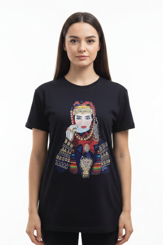 Hand painted Armenian Cotton T-shirt, Armenian Lady with traditional clothing, Armenian taraz