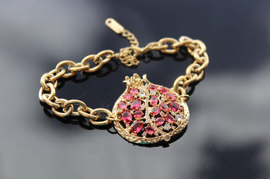 Adjustable 14K gold plated stainless steel pomegranate bracelet with crystals and zircons
