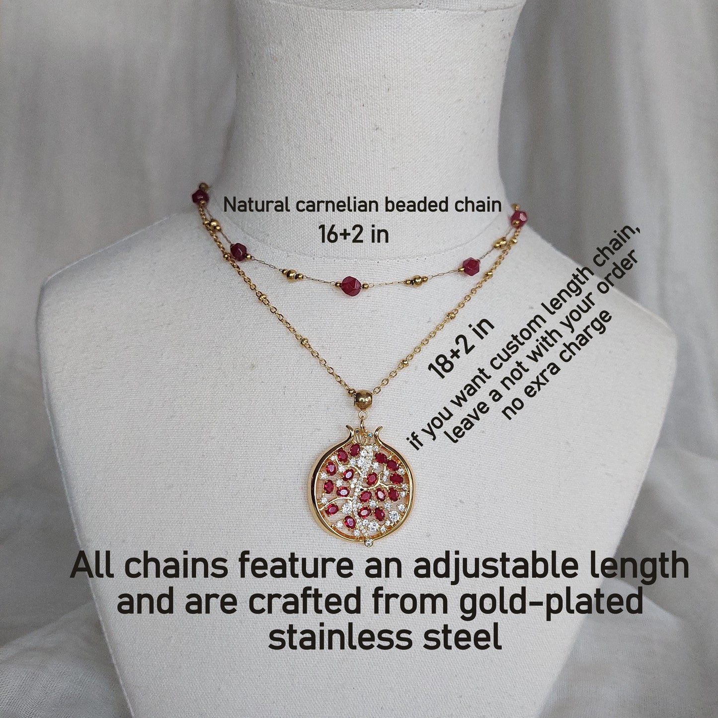 Pomegranate pendant with zircons and glass beads and stainless steel chain