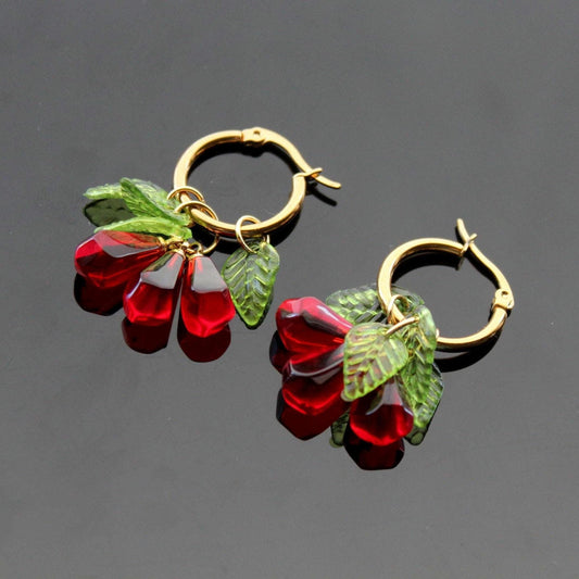 Pomegranate seeds hoop earrings and necklace  gold plated stainless  steel hypoallergenic jewelry