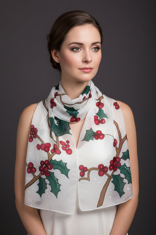 Hand painted Winter scarf, Snowball Winter Bird scarf