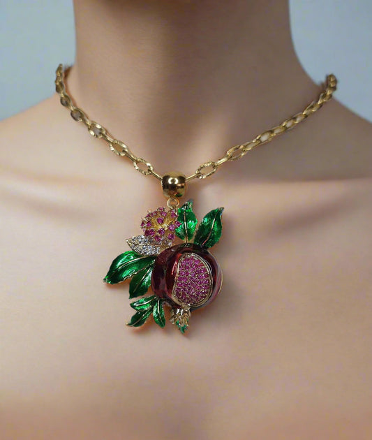 Pomegranate pendant, Gold plated pendant with crystals