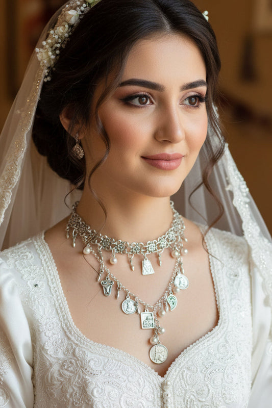 Handcrafted Armenian traditional  necklace with coins and pearls