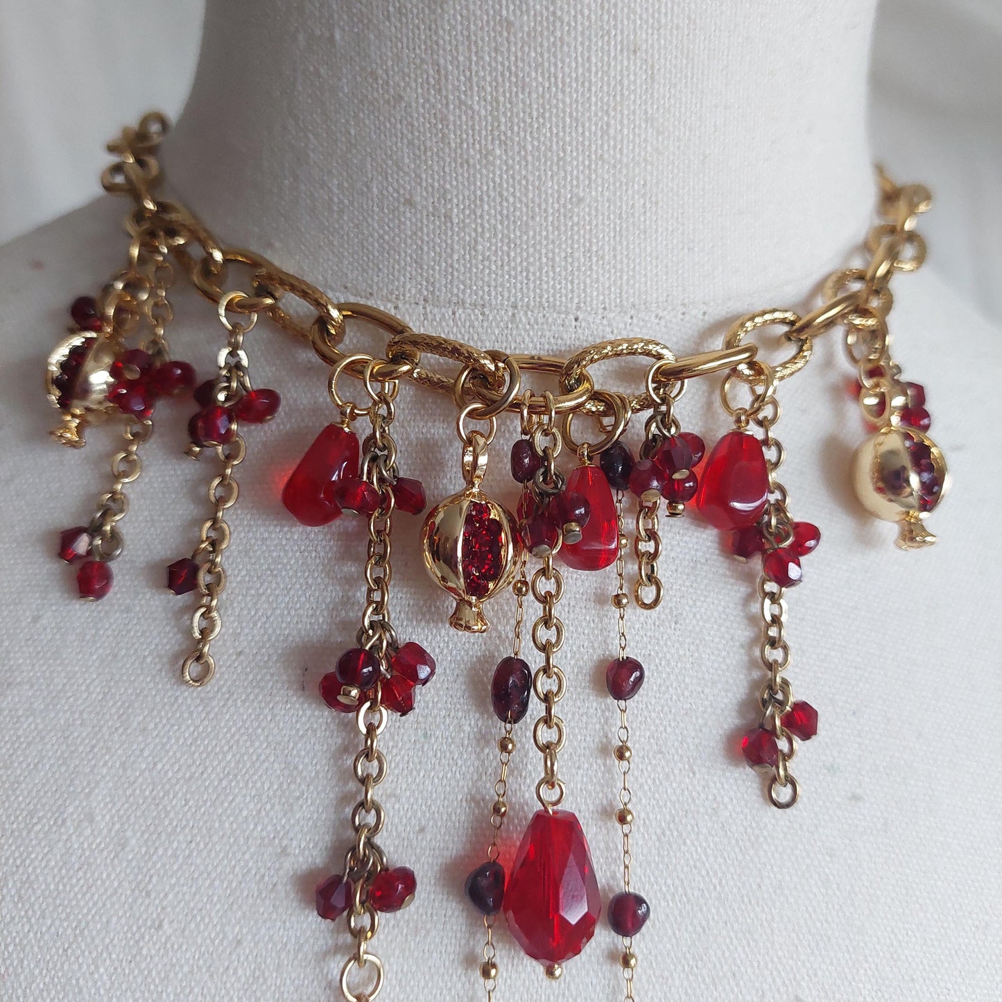 Handmade pomegranate cascade bib beaded necklace with natural garnet, ruby and glass beads