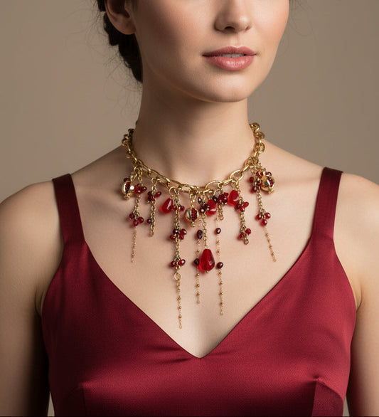 Handmade pomegranate cascade bib beaded necklace with natural garnet, ruby and glass beads