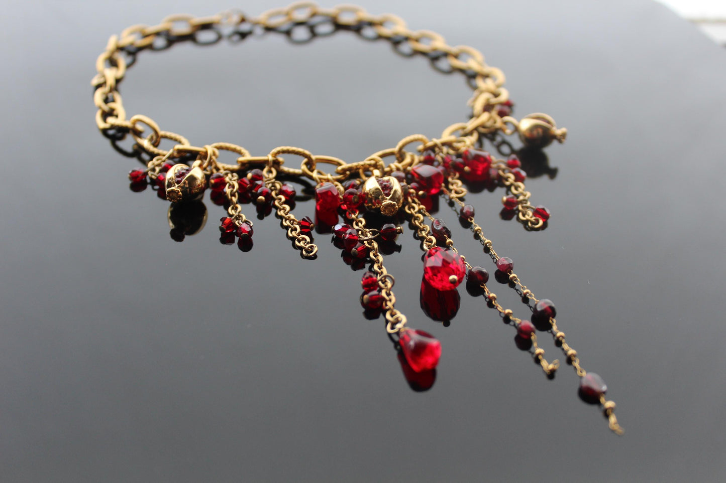 Handmade pomegranate cascade bib beaded necklace with natural garnet, ruby and glass beads