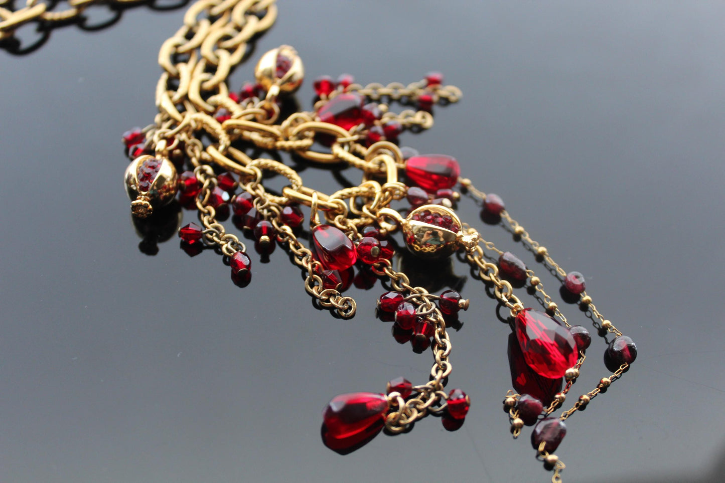 Handmade pomegranate cascade bib beaded necklace with natural garnet, ruby and glass beads