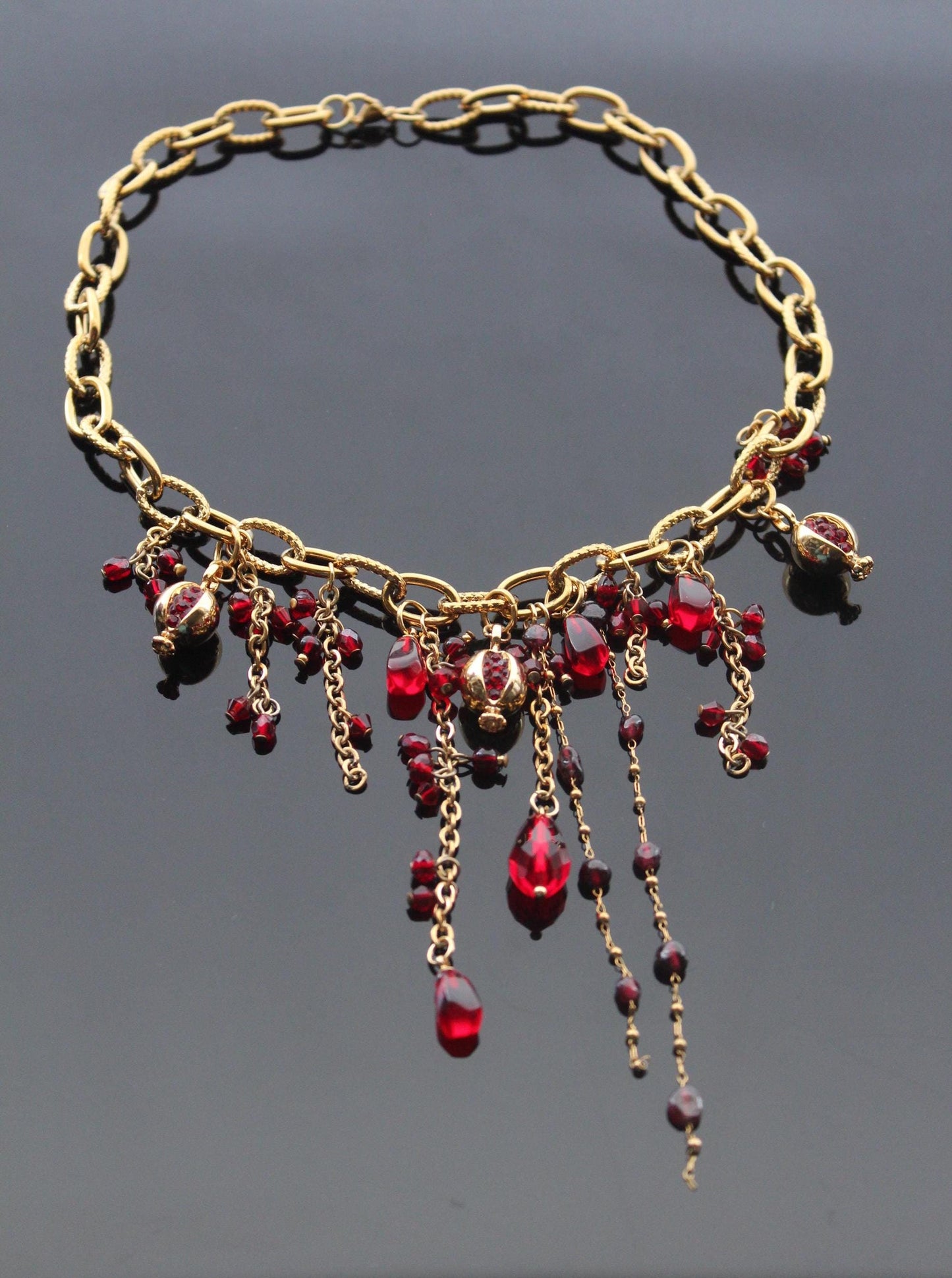 Handmade pomegranate cascade bib beaded necklace with natural garnet, ruby and glass beads