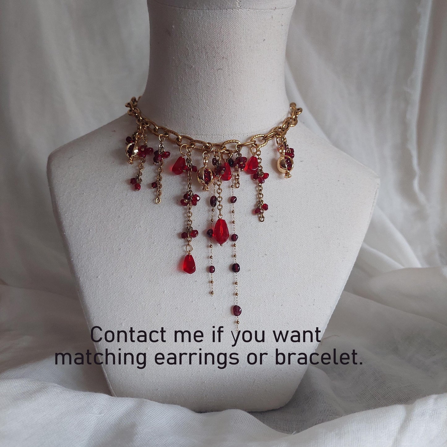 Handmade pomegranate cascade bib beaded necklace with natural garnet, ruby and glass beads