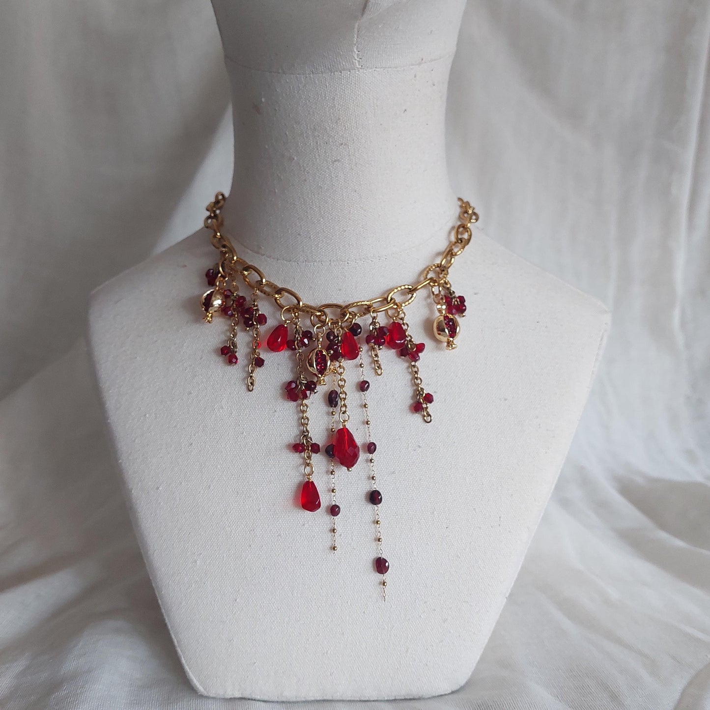 Handmade pomegranate cascade bib beaded necklace with natural garnet, ruby and glass beads
