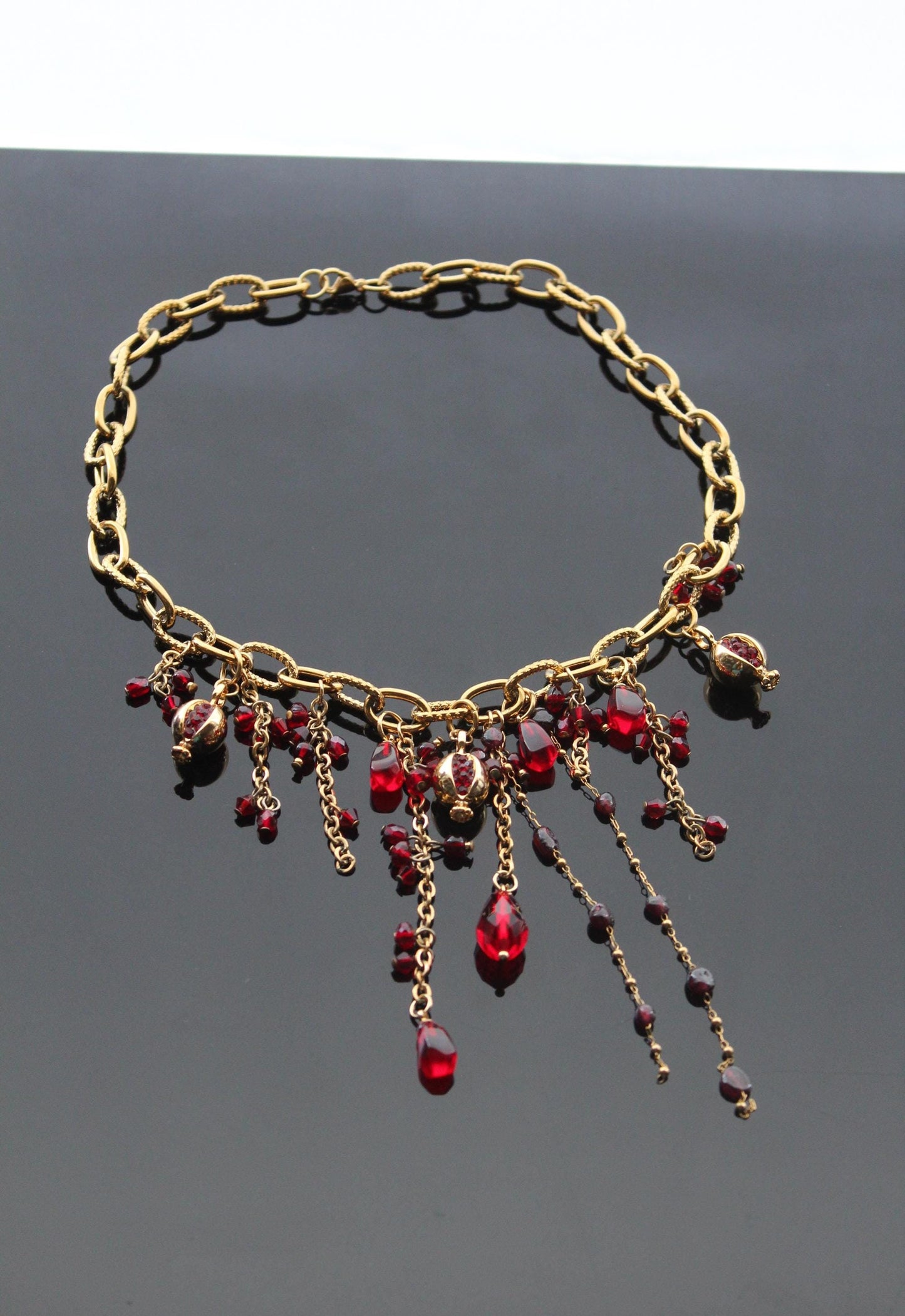 Handmade pomegranate cascade bib beaded necklace with natural garnet, ruby and glass beads