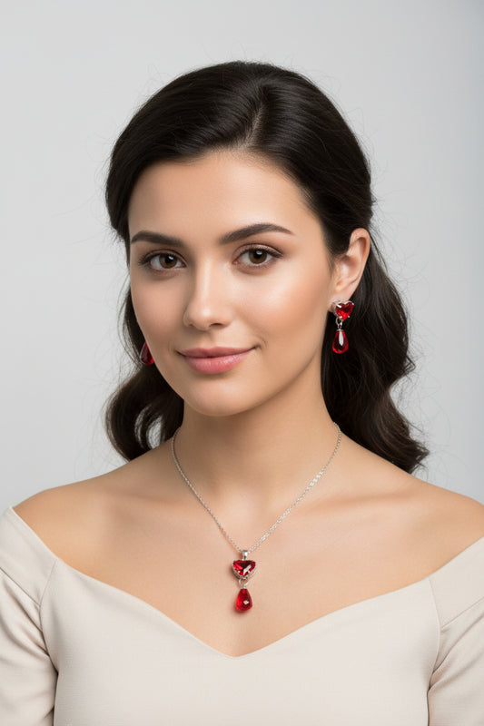 Crystal Heart and Pomegranate Drop Jewelry Set